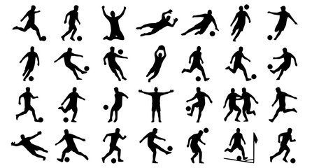 Collection of black silhouette soccer player illustrations in various actions © Morjina