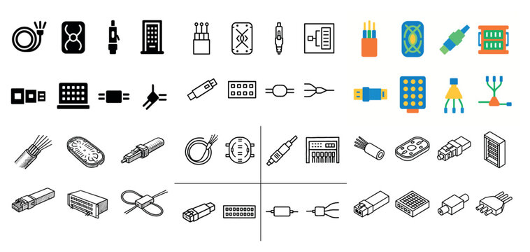 Connector icons with cable plug usb outline