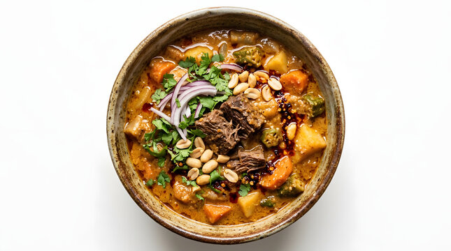 Delicious Senegalese Mafe, a rich beef and peanut stew in a bowl, isolated on a pure white background