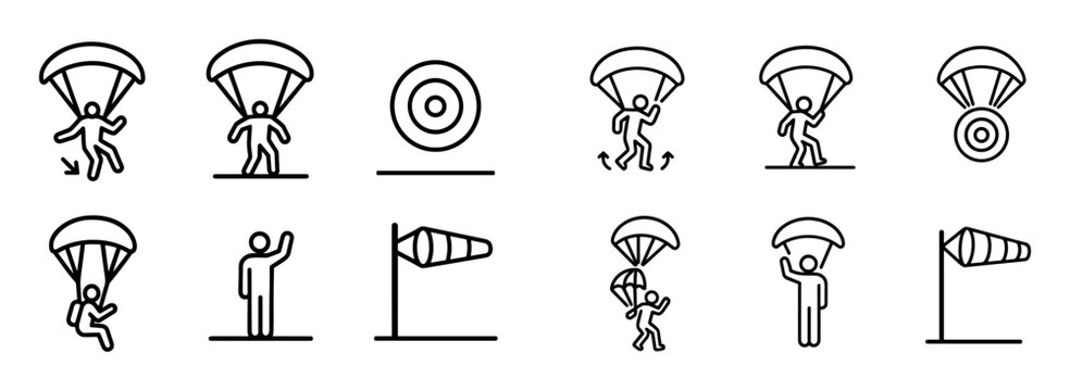 Parachute icons with jumper windsock outline style