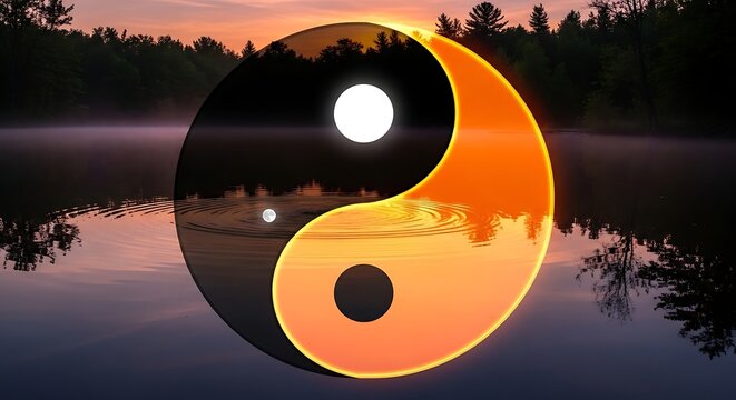 Yin yang symbol over water at sunset harmony balance and equilibrium concept