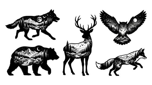 Wildlife illustrations of animals with tribal patterns on their bodies