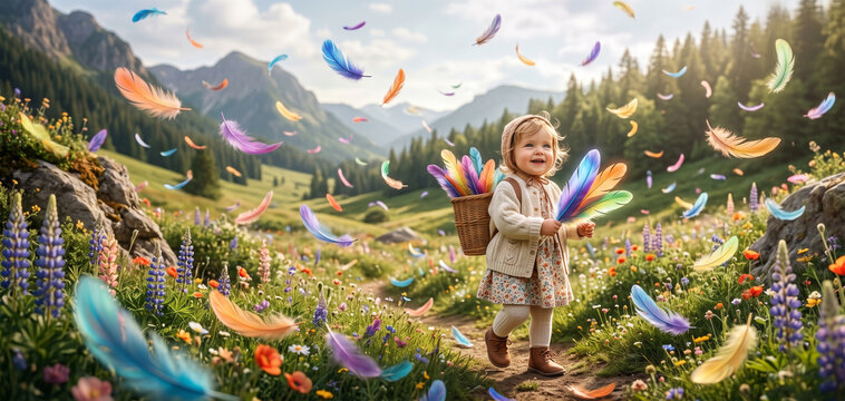 Child with colorful feathers, fantasy mountain landscape, magical nature scene, ethereal flying feathers, dreamy mountain adventure, surreal feather flight, whimsical outdoor wonder, soft sunny mounta