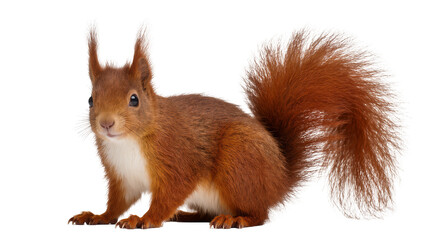 Red squirrel with bushy tail and white chest fur © Isadora
