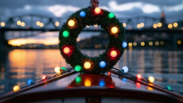 Decorative holiday wreath with colorful glowing lights on boat bow during dusk with blurred water and cityscape background in festive atmosphere