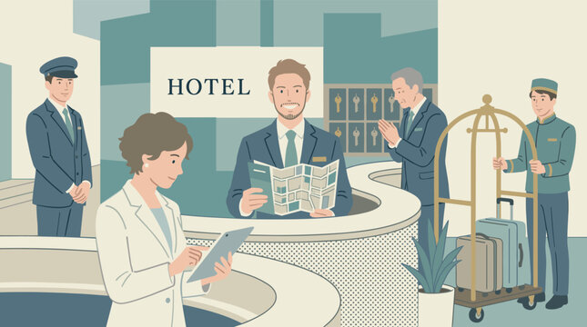 A stylish flat illustration of a hotel lobby with a receptionist, bellboy, doorman, and guest checking in at the front desk
