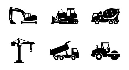 Construction Vehicle Icons Set: Excavator, Bulldozer, Cement Mixer, Crane, Dump Truck, Roller © Nipa
