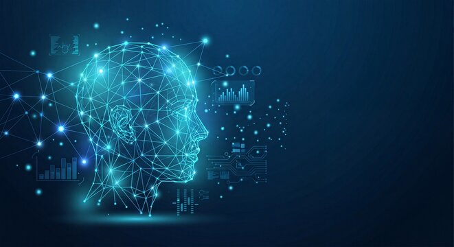 Artificial Intelligence Technology Concept with Digital Wireframe Head and Data Network