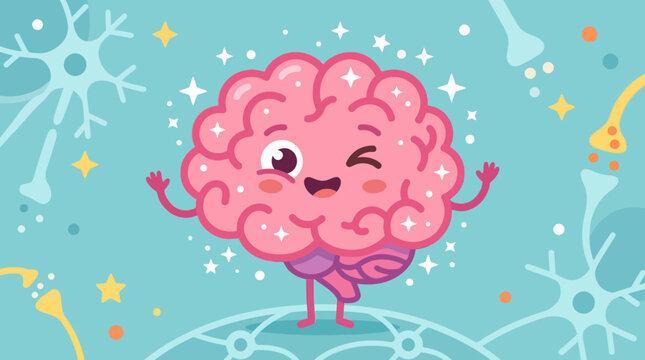 A cartoon brain character with a happy expression.