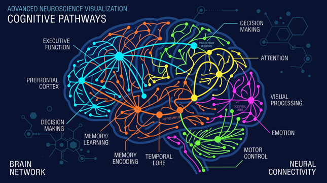 Advanced neuroscience visualization of cognitive pathways in the human brain.