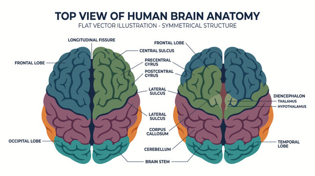 Detailed top view of human brain anatomy.