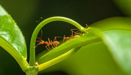 Naklejka premium ants on a green leaf stem.