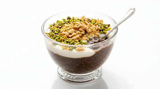 Elegant layered Tunisian Assidat Zgougou pine nut dessert decorated with mixed nuts, isolated on a clean white background
