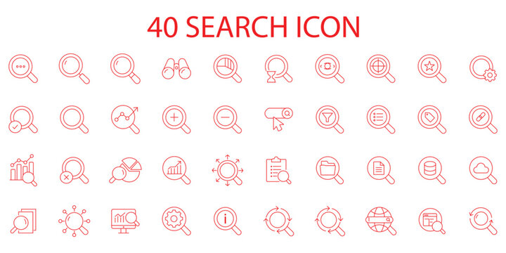 Search icon set. Includes magnifying glass, find, research, SEO, investigate, and more. Vector illustration with editable strokes