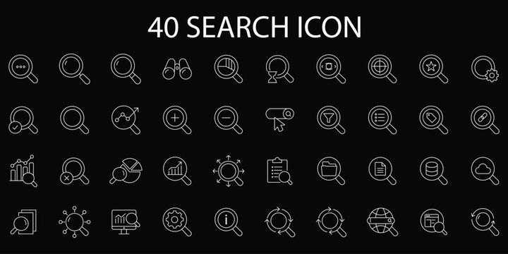 Search icon set. Includes magnifying glass, find, research, SEO, investigate, and more. Vector illustration with editable strokes
