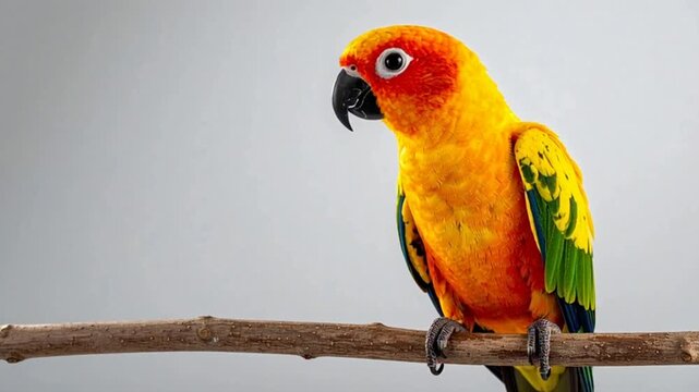 Vibrant Sun Conure Parrot Perched on a Branch Against a Plain Studio Background