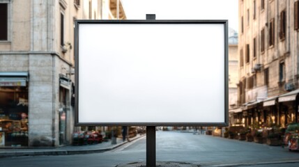 Fototapeta premium White display billboard on urban pavement with blurred commuters and professional city vibe.