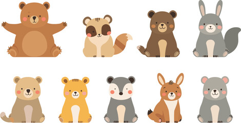 Obraz premium Cute woodland animal vector illustration set with cartoon forest bear, raccoon, squirrel, deer, and wolf characters isolated on white background for kids nursery decor and baby shower prints