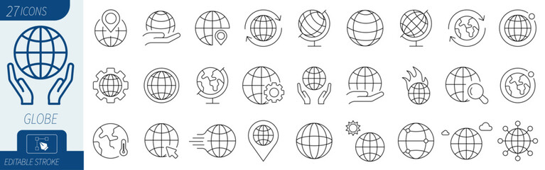 Minimalist globe line icons set, 27 world map and earth sphere symbols, editable stroke vector collection for global business and logistics © Laal