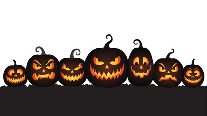 Seven Halloween Jack O Lantern Pumpkins with Glowing Faces and Spooky Expressions © Md