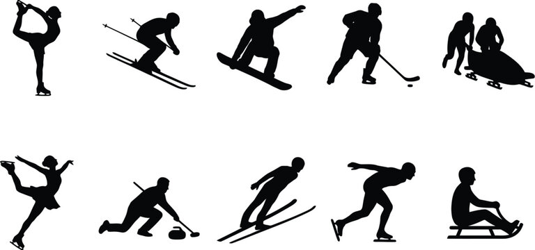 Set of winter sports silhouettes featuring athletes engaging in ice skating skiing snowboarding hockey curling bobsledding