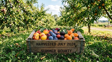 A wooden crate overflowing with colorful fruits sits amidst lush greenery in an orchard on a sunny day with trees and blue sky.