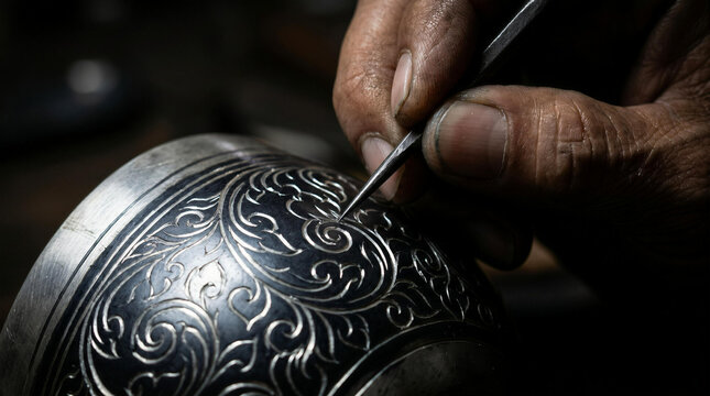 Close up of elderly artisan hands engraving intricate traditional Thai pattern on a silver metal bowl