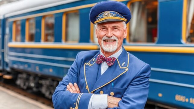 Reenactment scene with authentic 1927 1st class train carriage and a retro train conductor at departure
