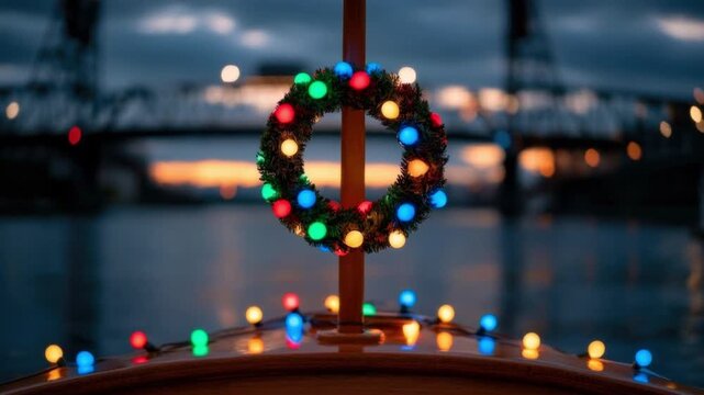 Festive holiday wreath decorated with colorful glowing light bulb string mounted on a wood pole on a boat deck at dusk by a calm river with bridge silhouette