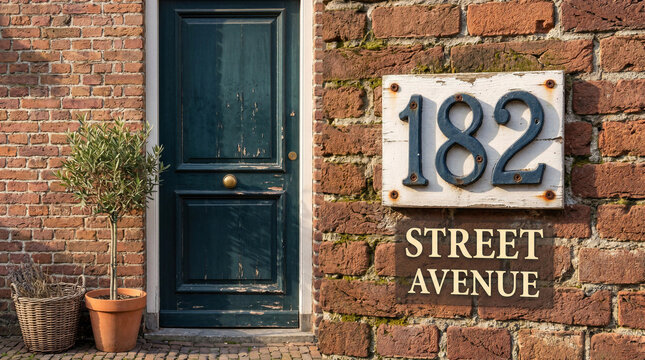 Vintage dark green wooden door with house number 182 on brick wall facade