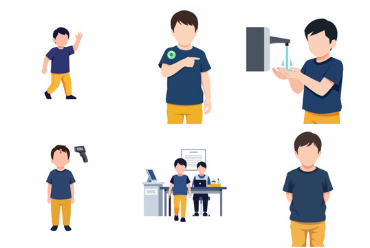 Student health and safety protocol illustration set featuring temperature check, hand washing, and registration for children.