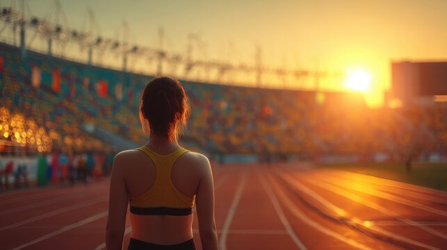 Tired happy woman runner taking rest after run sitting on the running track and smile. Summer evening time. Young athletic female jogger resting after training. Work hard rest harder. Copy space