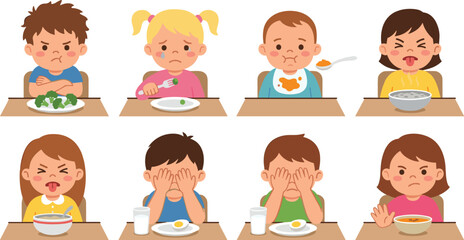 Naklejka premium Picky Eater Kids and Toddlers Vector Character Set with Angry Sad Crying and Grumpy Children Refusing Healthy Food Vegetables and Puree for Parenting Blog Graphic Designs