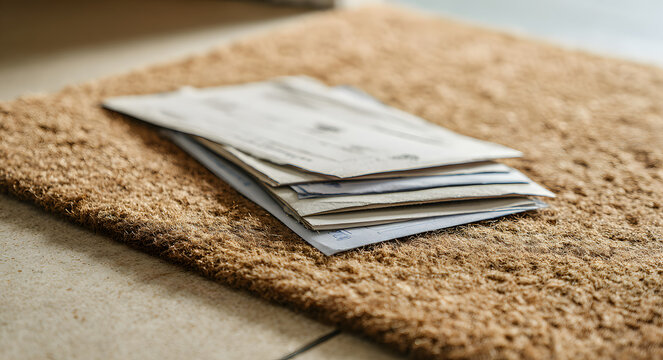 A doormat is home to a pile of letters that are past due and final notice.