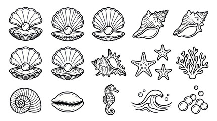 Sea shells pearls starfish and coral icons set © harjo