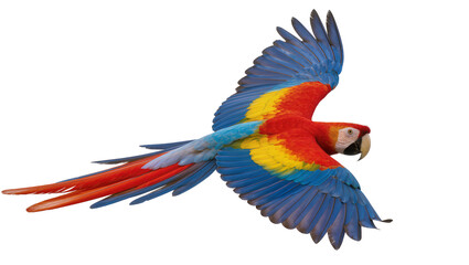 Obraz premium Scarlet Macaw parrot flying with vibrant blue red, and yellow feathers