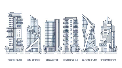 Obraz premium Contemporary city buildings set with office and residential towers