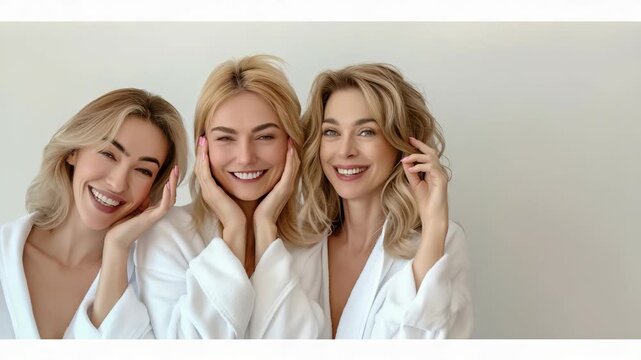 Three beautiful women in white bathrobes joyfully pose for a photoshoot, showcasing their smiles and candid expressions, highlighting their friendship and the carefree memories they create together