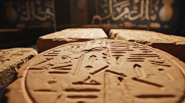 Ancient Middle Eastern artifacts and clay tablets in museum display