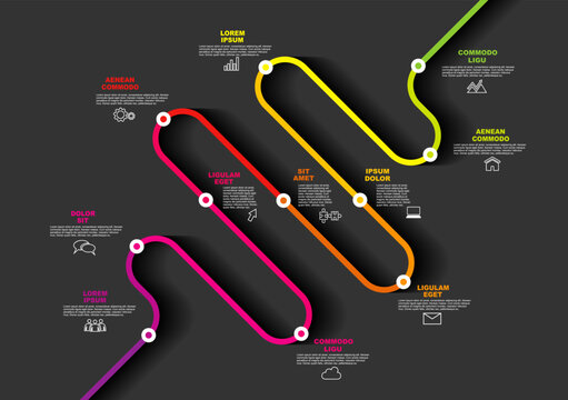 Gradient winding ribbon road timeline infographic template with placeholder text, thin line business icons. Vector illustration.