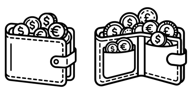 Leather wallet full of coins vector image showing open and closed billfold with dollar euro pound currency coins financial savings wealth and cash
