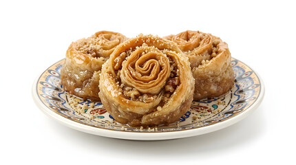 Fototapeta premium Traditional Bosnian Baklava loaded with walnuts and sweet syrup, isolated on a white background. Perfect for dessert and pastry menus