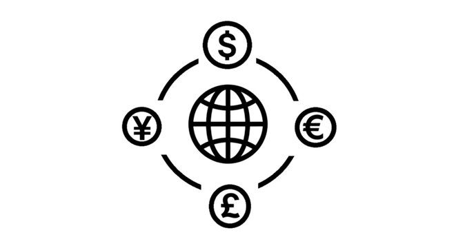 A global economy financial vector image featuring a central world globe surrounded by international currency currency symbols including dollar, euro, pound, and yen.