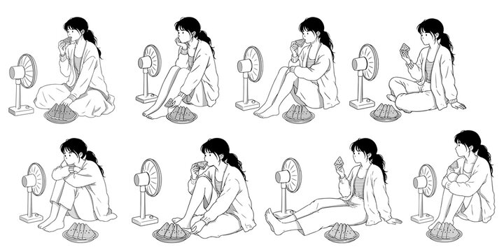 Summer Girl Eating Watermelon Pose Set Line Art Illustration