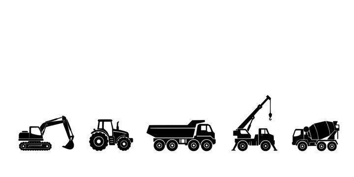 Construction Vehicles Set of Five Black and White Vector Illustrations for Engineering and Road Work Backgrounds