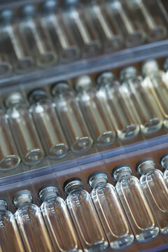 Close-Up of Vaccine Vials in Rows: Medical Supplies and Pharmaceutical Storage