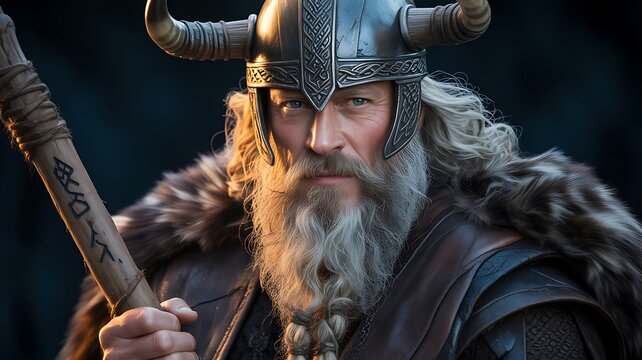 Viking Warrior King with Horned Helmet and Battle Axe in Dramatic Medieval Fantasy Portrait