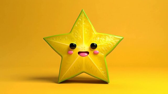 Happy Kawaii Star Fruit Character Bouncing on Vibrant Yellow Background