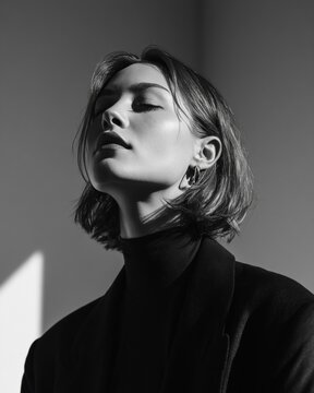 Elegant woman portrait in dramatic studio lighting, black and white headshot