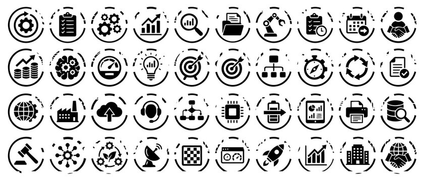 Extensive set of circular black and white representing industrial processes, business analytics, technology, and global connectivity